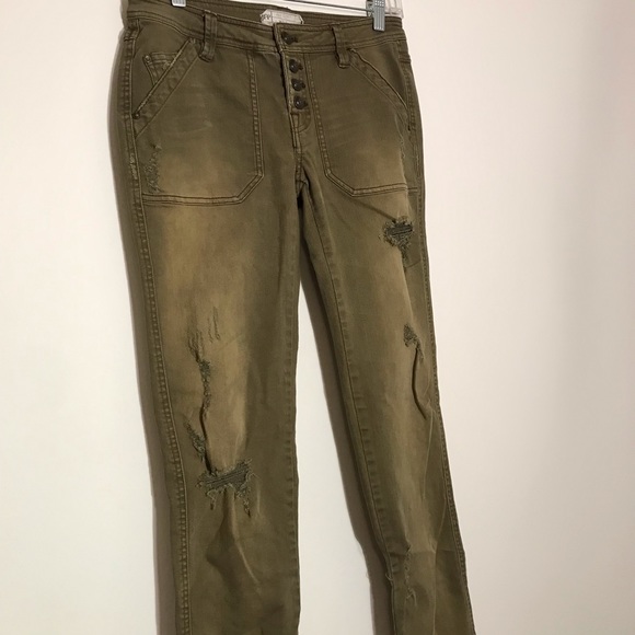 Free People Destructed Distressed Button Fly Jeans Green Tan Size 0 - Picture 4 of 10